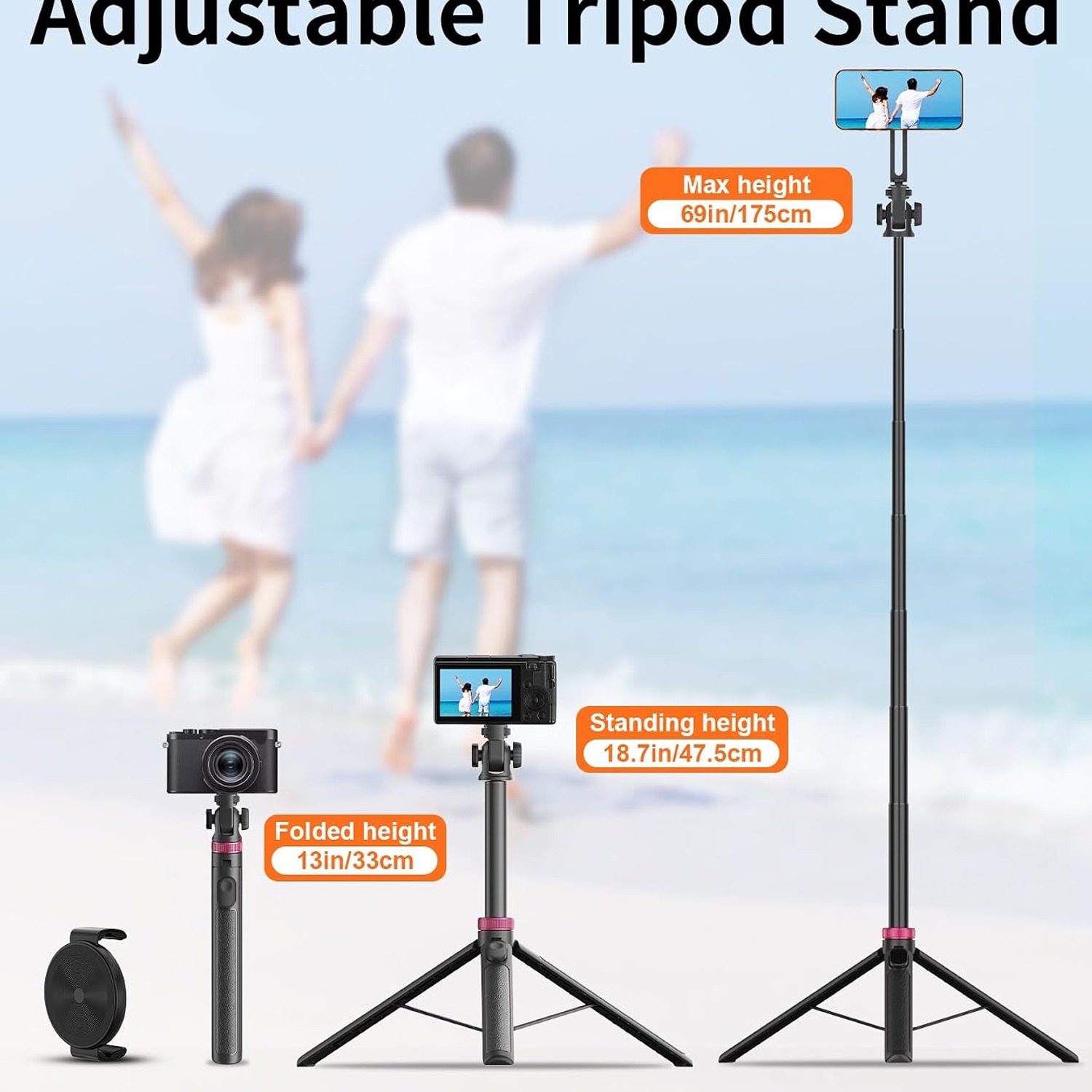 Magnetic Phone Tripod and Selfie Stick 175cm with Wireless Remote