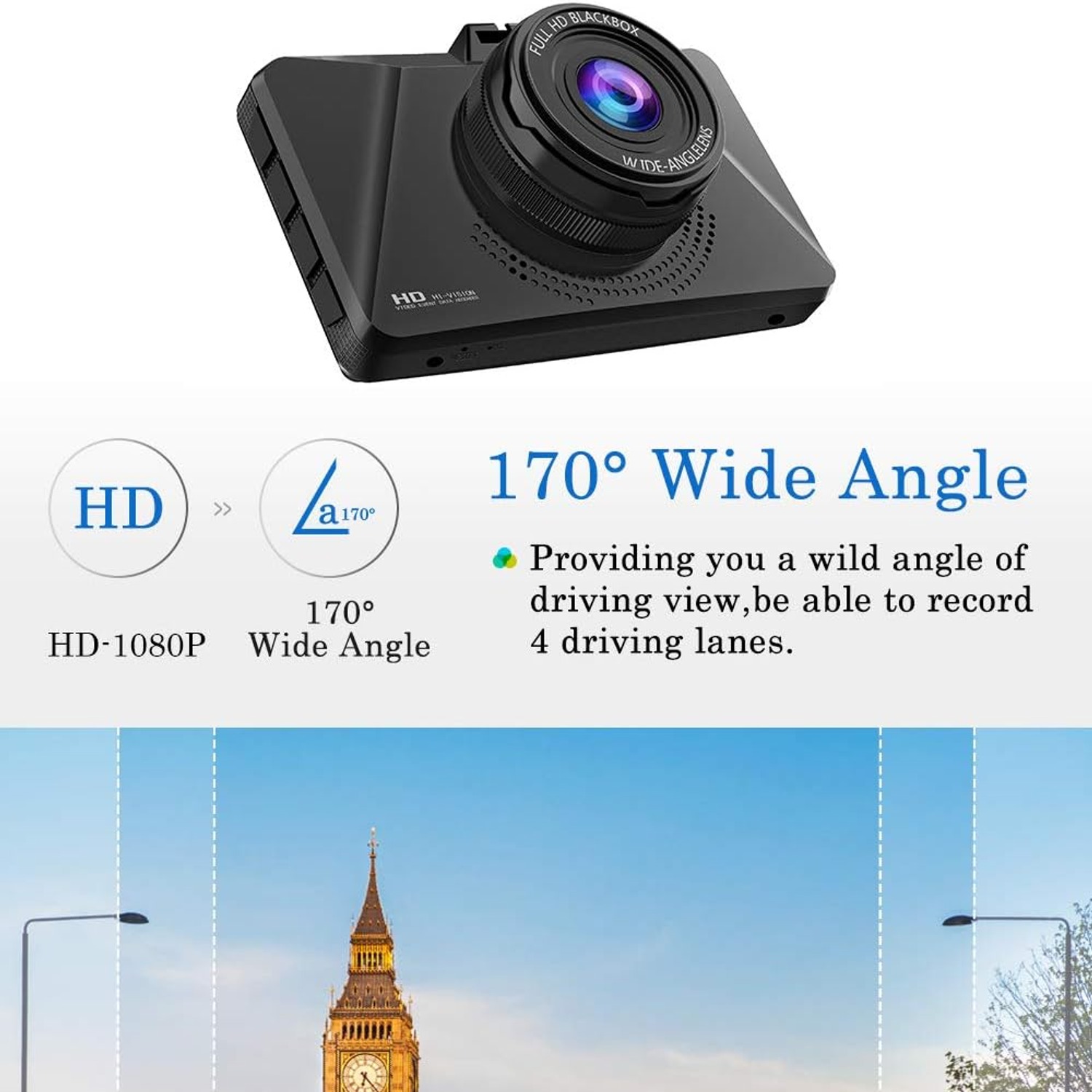 CHORTAU 1080p Front Dash Cam with 3-Inch Screen