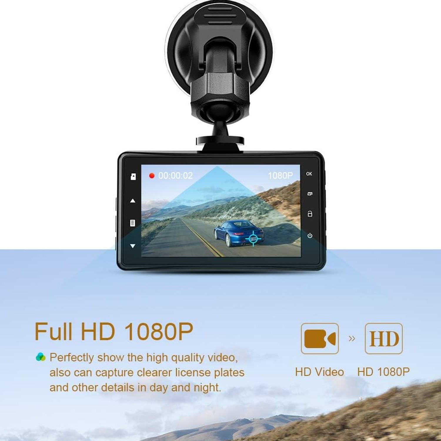 CHORTAU 1080p Front Dash Cam with 3-Inch Screen
