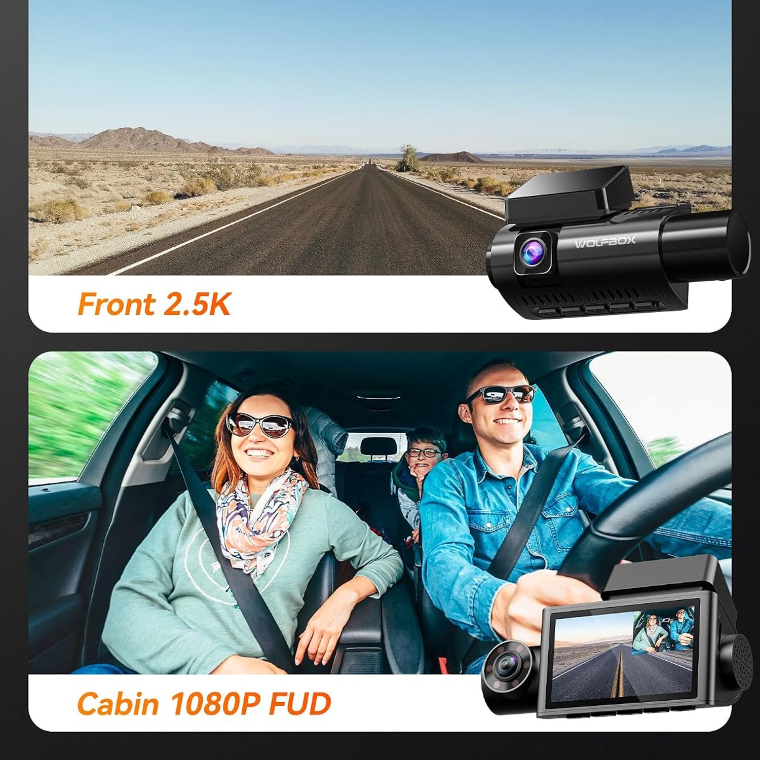 WOLFBOX i07 3 Channel Dash Cam with Front, Cabin and Rear Cameras
