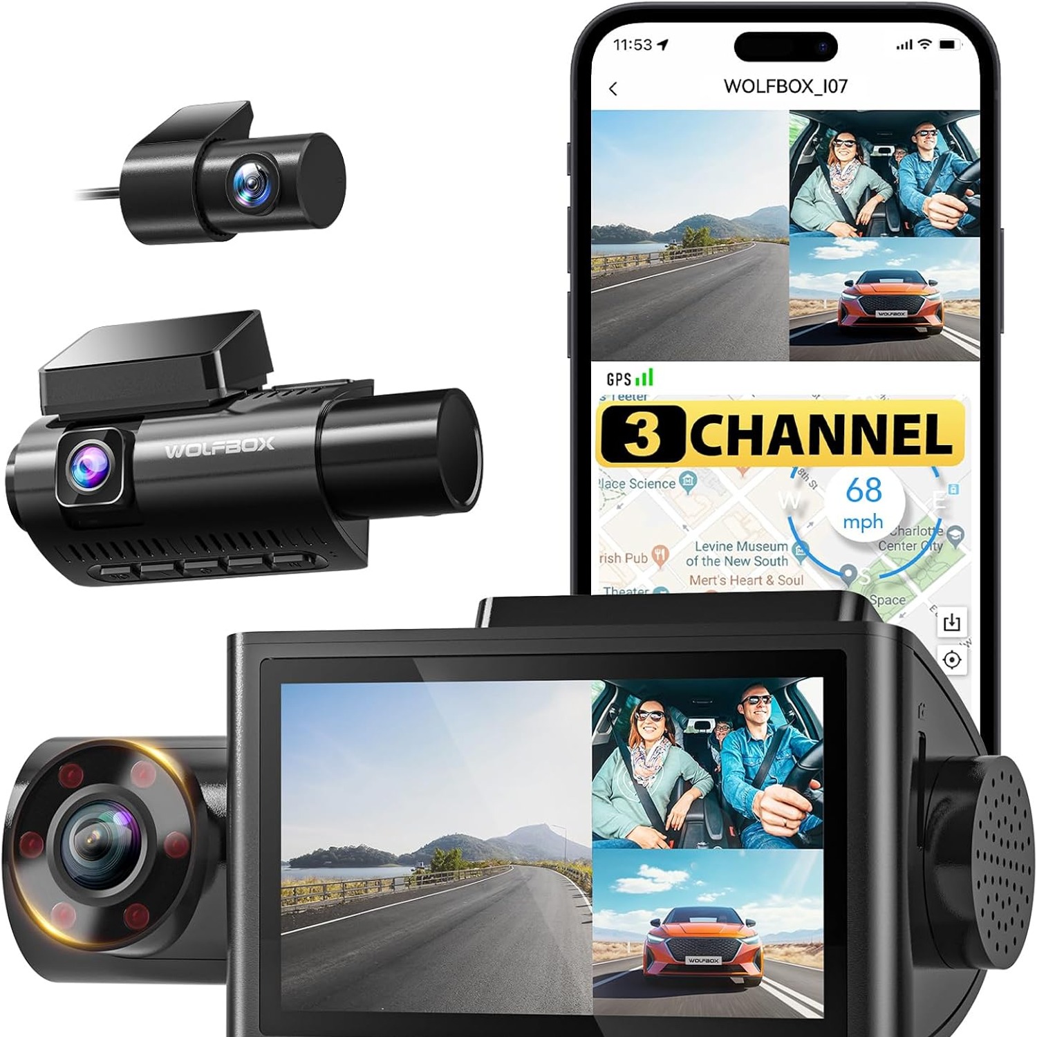 WOLFBOX i07 3 Channel Dash Cam with Front, Cabin and Rear Cameras
