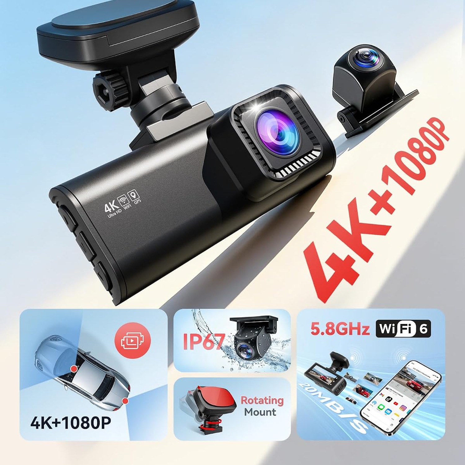 REDTIGER F7N 4K Dual Dash Cam with WiFi, GPS and 64GB Card