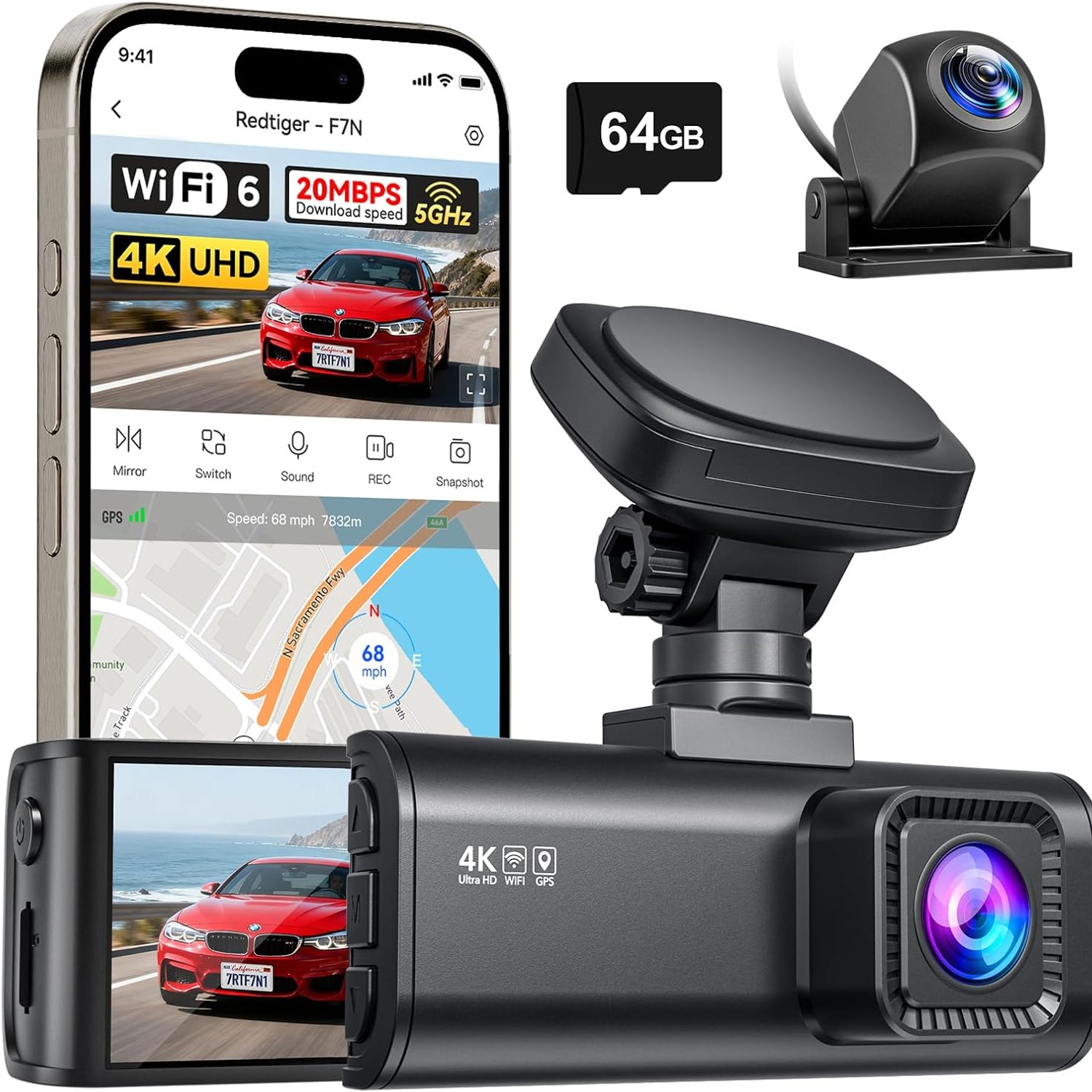 REDTIGER F7N 4K Dual Dash Cam with WiFi, GPS and 64GB Card