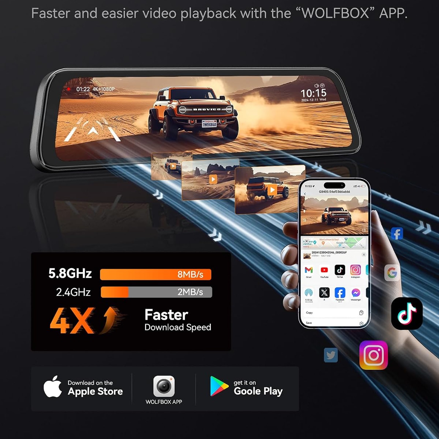 WOLFBOX G840S 4K Mirror Dash Cam with 12-Inch Touchscreen