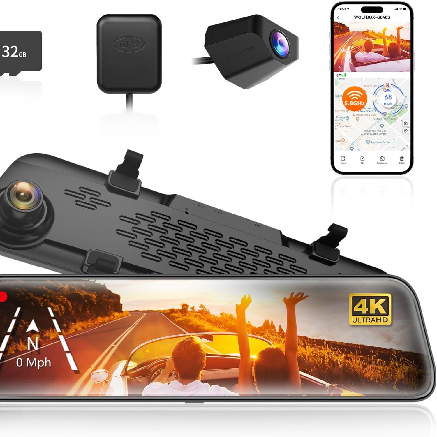 WOLFBOX G840S 4K Mirror Dash Cam with 12-Inch Touchscreen