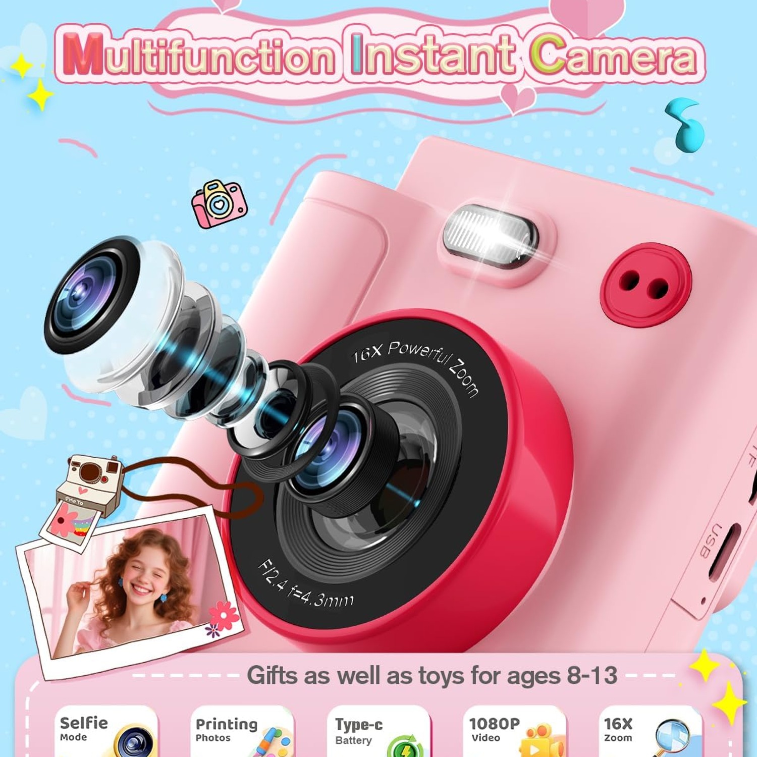 Kids Instant Print Camera with 1080p Video