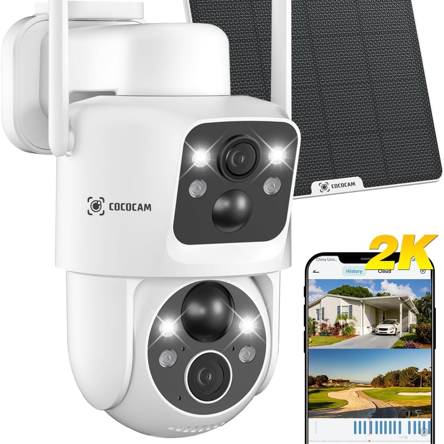 Dual Lens Outdoor Security Camera with Solar Panel