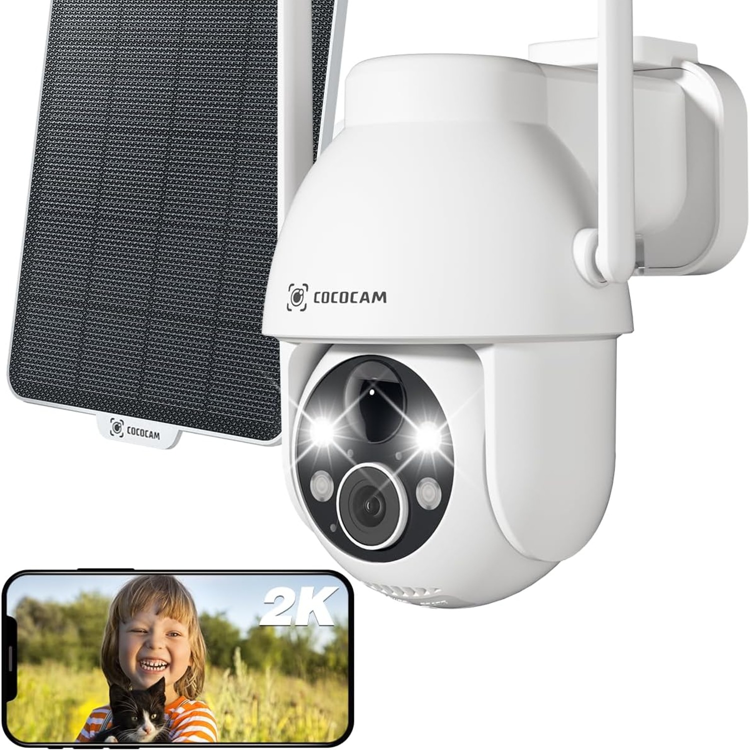 COCOCAM 2K Solar Security Camera with Pan, Tilt and Night Vision