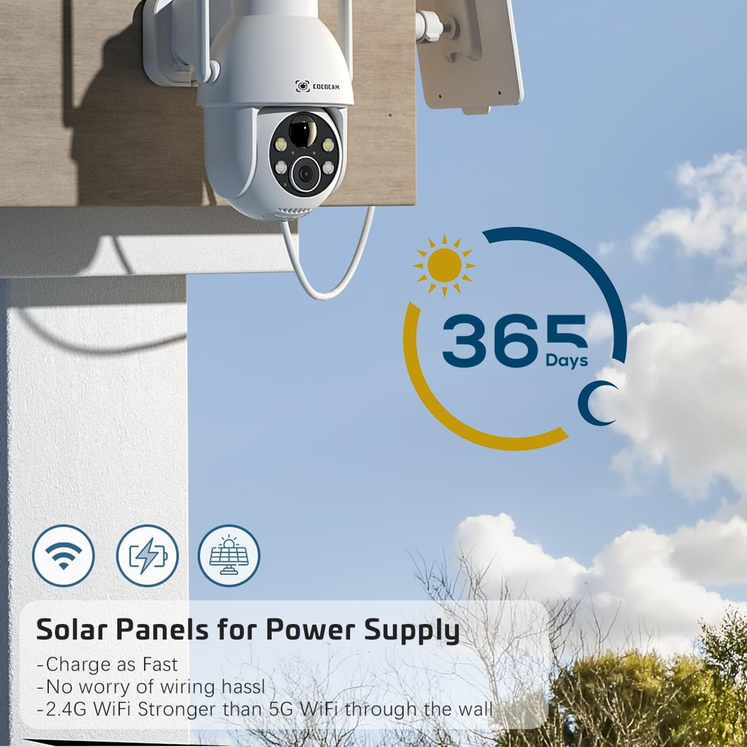 COCOCAM 2K Solar Security Camera with Pan, Tilt and Night Vision