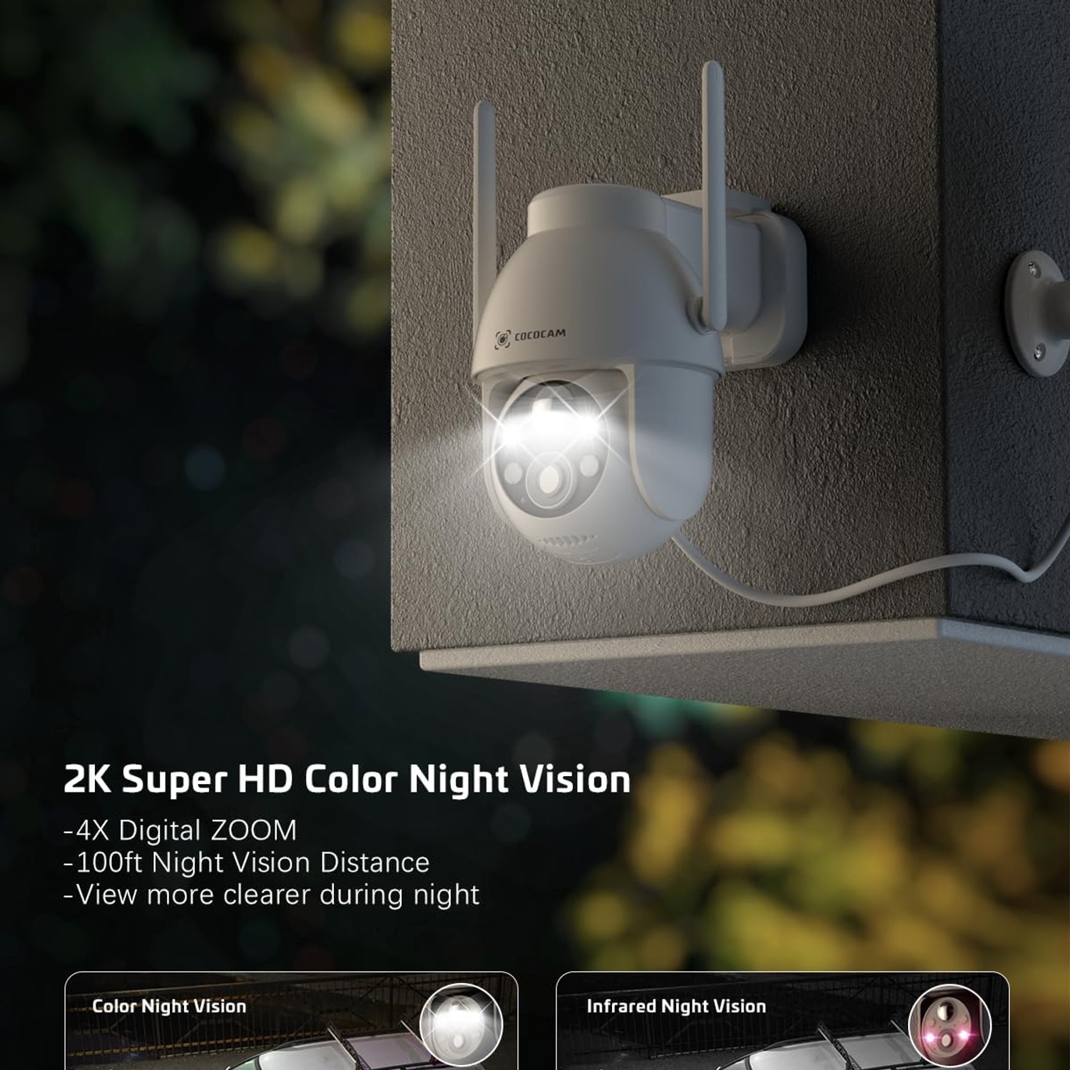 COCOCAM 2K Solar Security Camera with Pan, Tilt and Night Vision