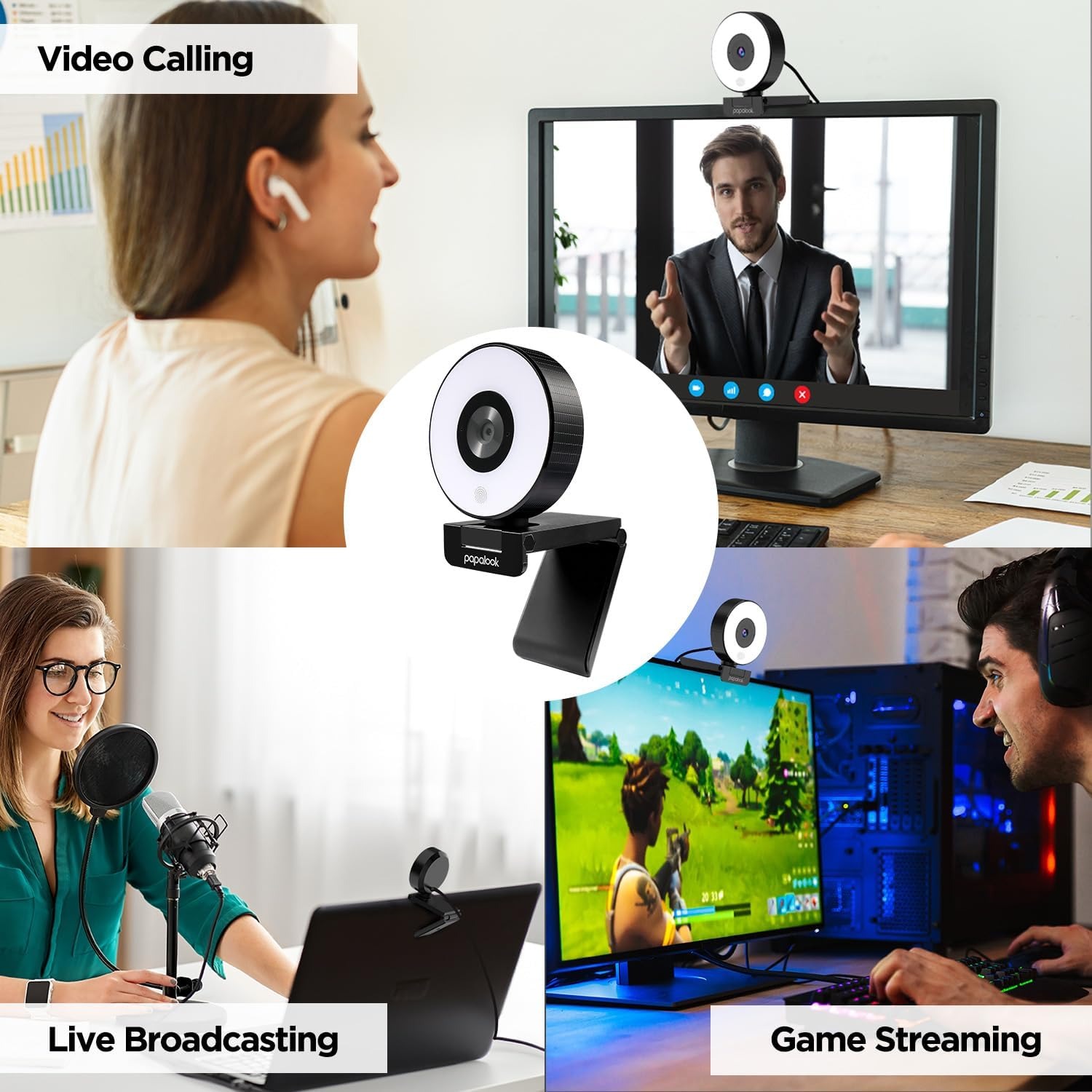 papalook PA552 2K Webcam with Ring Light and Privacy Cover