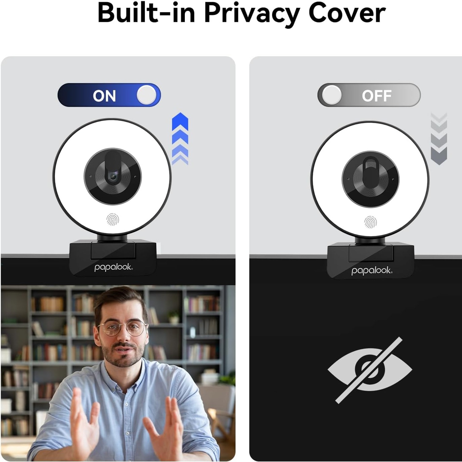 papalook PA552 2K Webcam with Ring Light and Privacy Cover